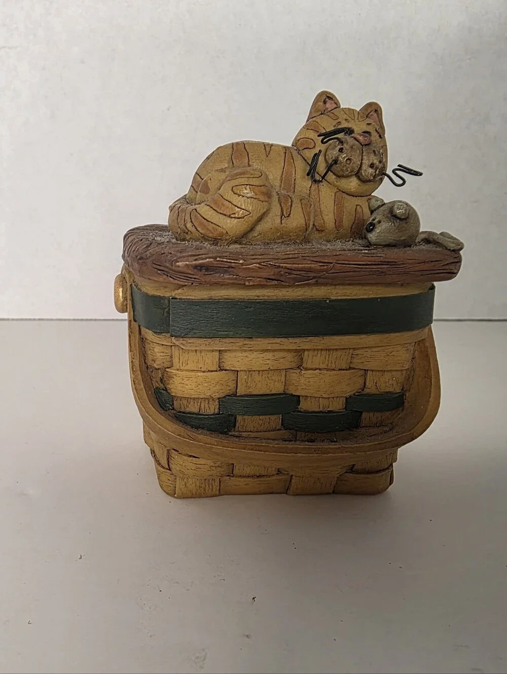 Orange Cat and Mouse on Basket Trinket Box signed Suzy